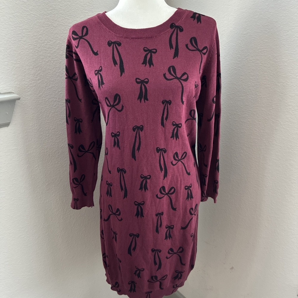 ModCloth Bow Tie Ribbon‎ Print Long Sleeve Shirt Dress Cotton Modal Size XL